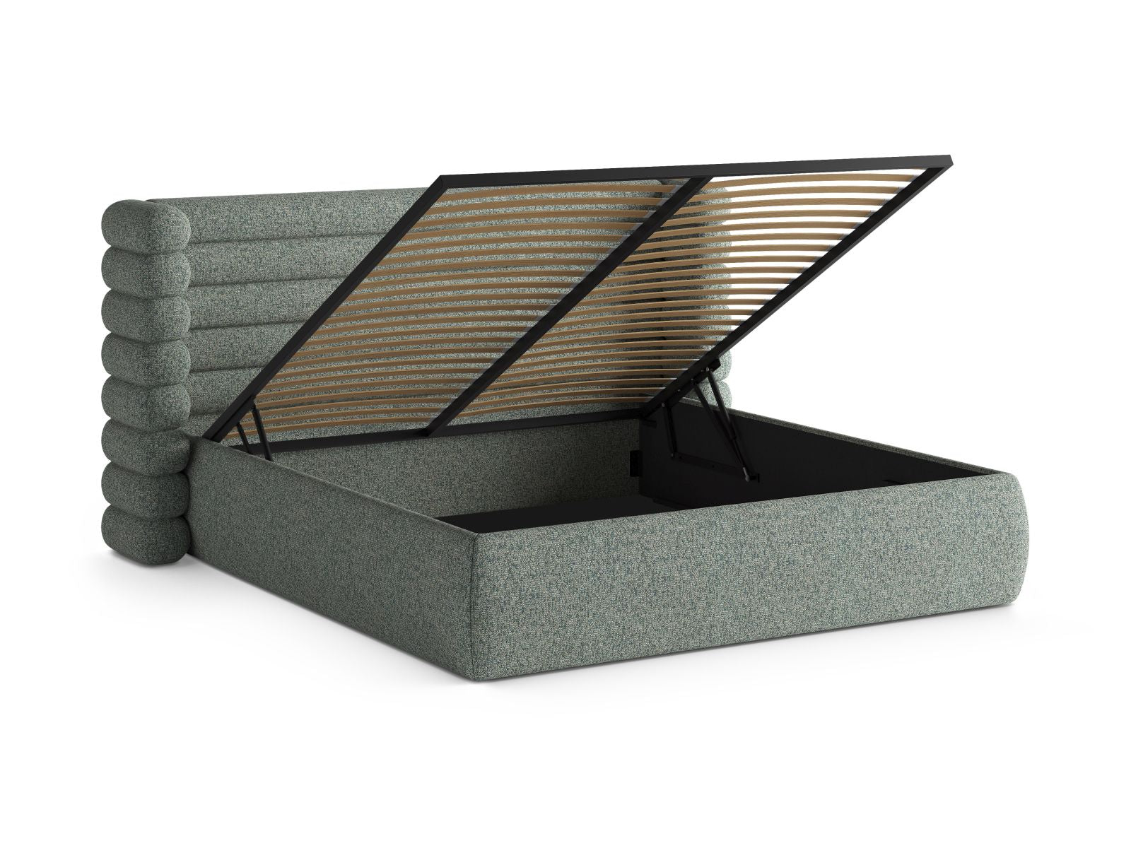Stylisches Mount Bett in Moss Green Melange, ausgestattet mit praktischem Stauraum und einem ansprechenden Kopfteil für zeitgemäße Schlafzimmergestaltung.