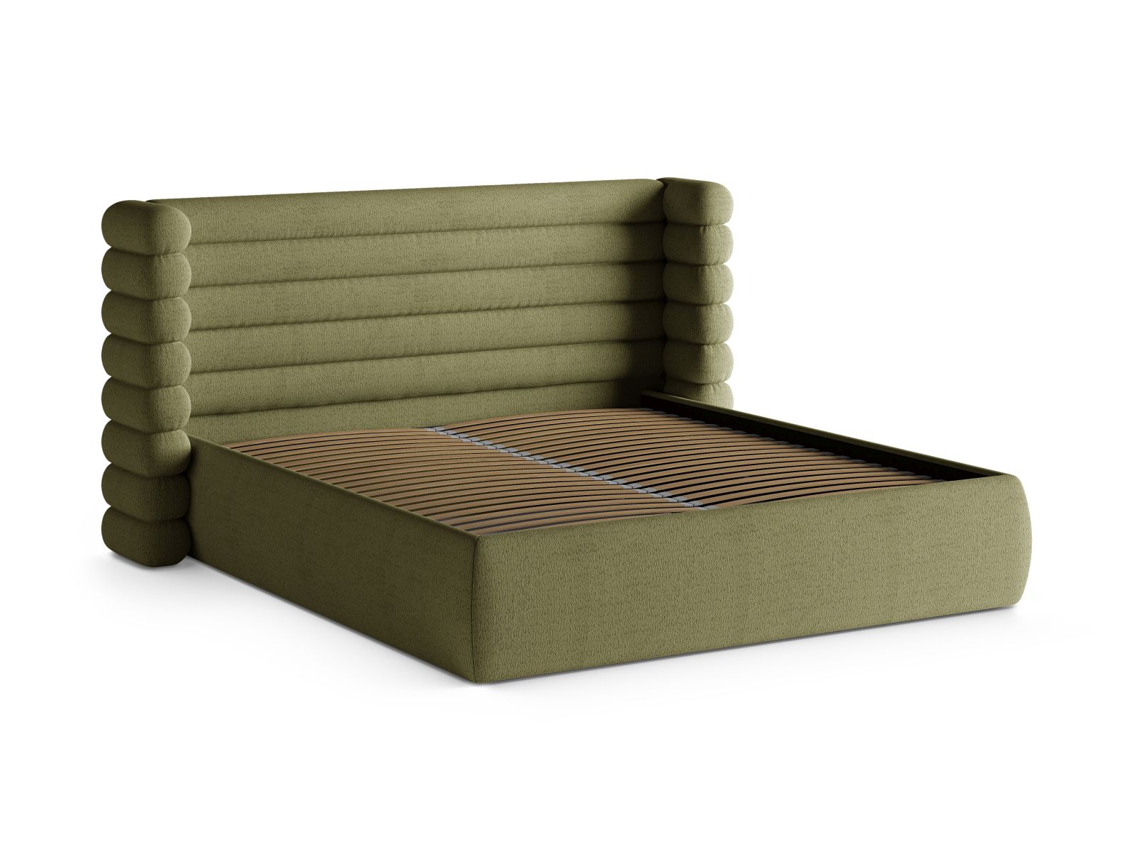 Elegantes Mount Bett mit 180 cm Breite, ausgestattet mit praktischem Stauraum und einem ansprechenden Kopfteil in Light Olive-CORAL.
