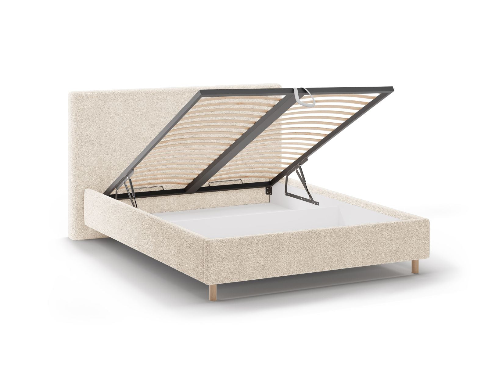 Stilvolles Eloise Bett in sanftem Beige, ideal für moderne Schlafzimmer, bietet praktischen Stauraum und ein ansprechendes Kopfteil.