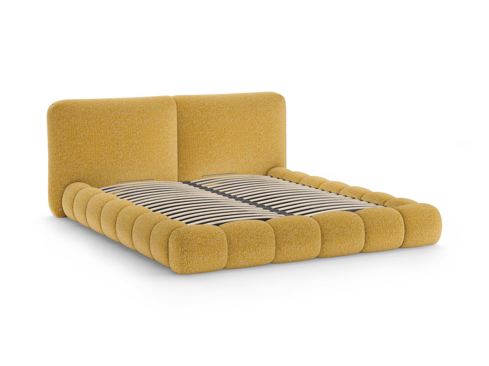 Elegantes Solange Bett in Senfgelb mit 180 cm hohem Kopfteil und praktischem Stauraum, ideal für stilvolle und platzsparende Schlafzimmer.