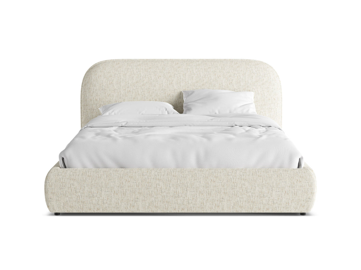 Murada Bett mit Kopfteil von Micadoni in Light Beige Melange-Tracy, Bettgestell aus Möbelplatte mit Stoffbezug und schwarzen Kunststoffbeinen.