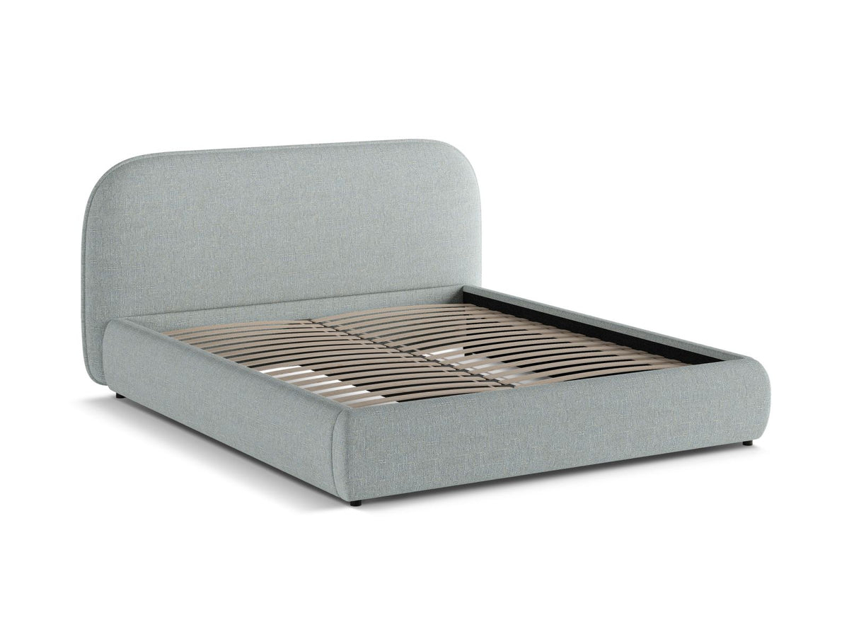 Murada Bett mit Kopfteil von Micadoni in Light Beige Melange-Tracy, Bettgestell aus Möbelplatte mit Stoffbezug und schwarzen Kunststoffbeinen.