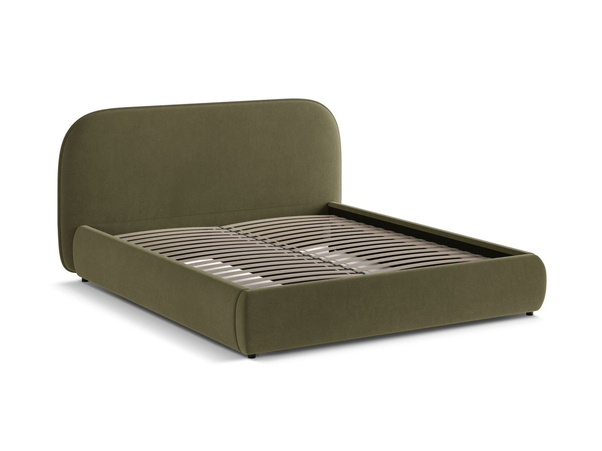 Murada Bett mit Kopfteil von Micadoni in Light Beige Melange-Tracy, Bettgestell aus Möbelplatte mit Stoffbezug und schwarzen Kunststoffbeinen.