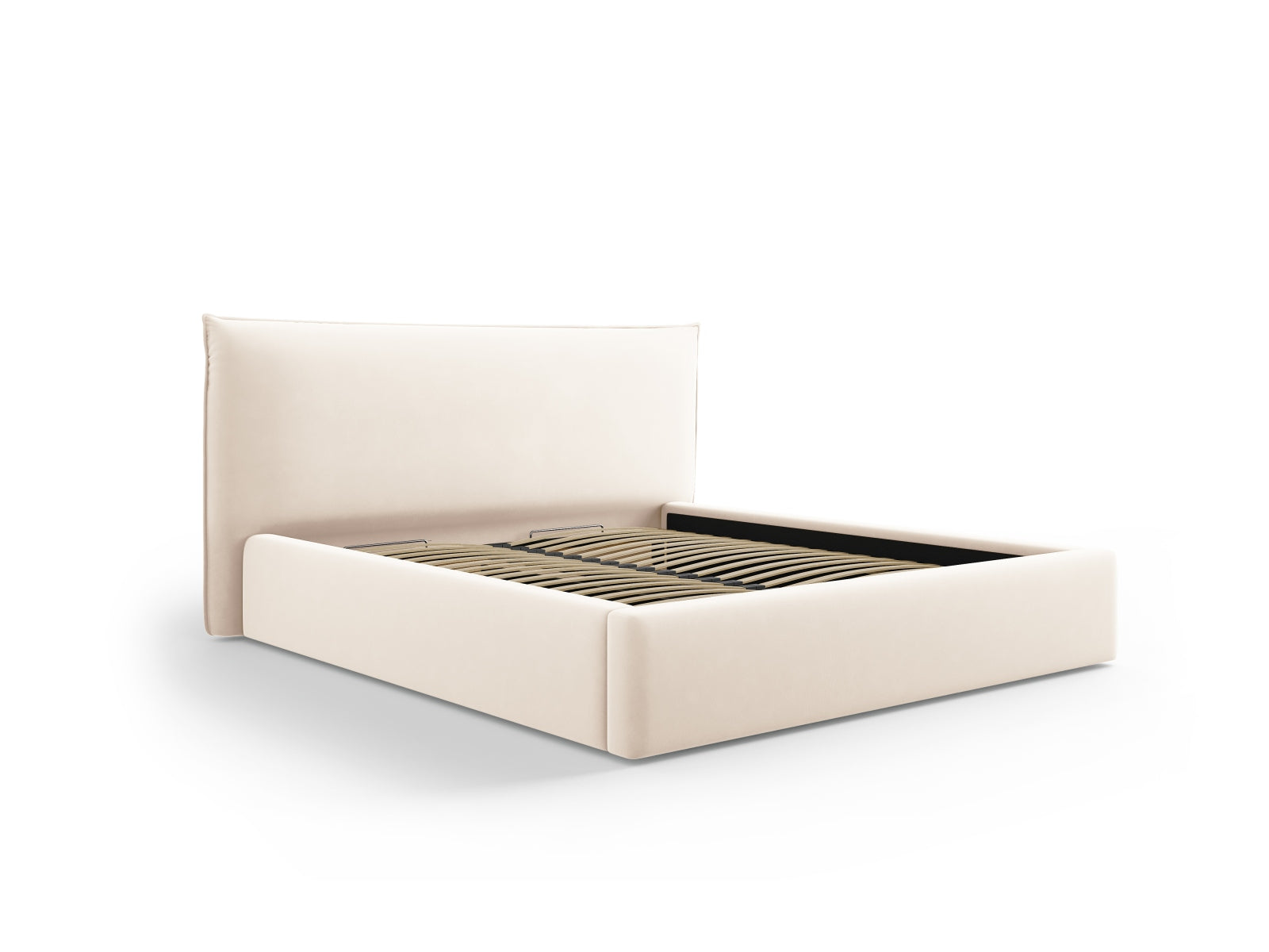 Elegantes Kaelle Velour Bett in Light Beige mit praktischem Stauraum und stilvollem Headboard, ideal für jedes Schlafzimmer.