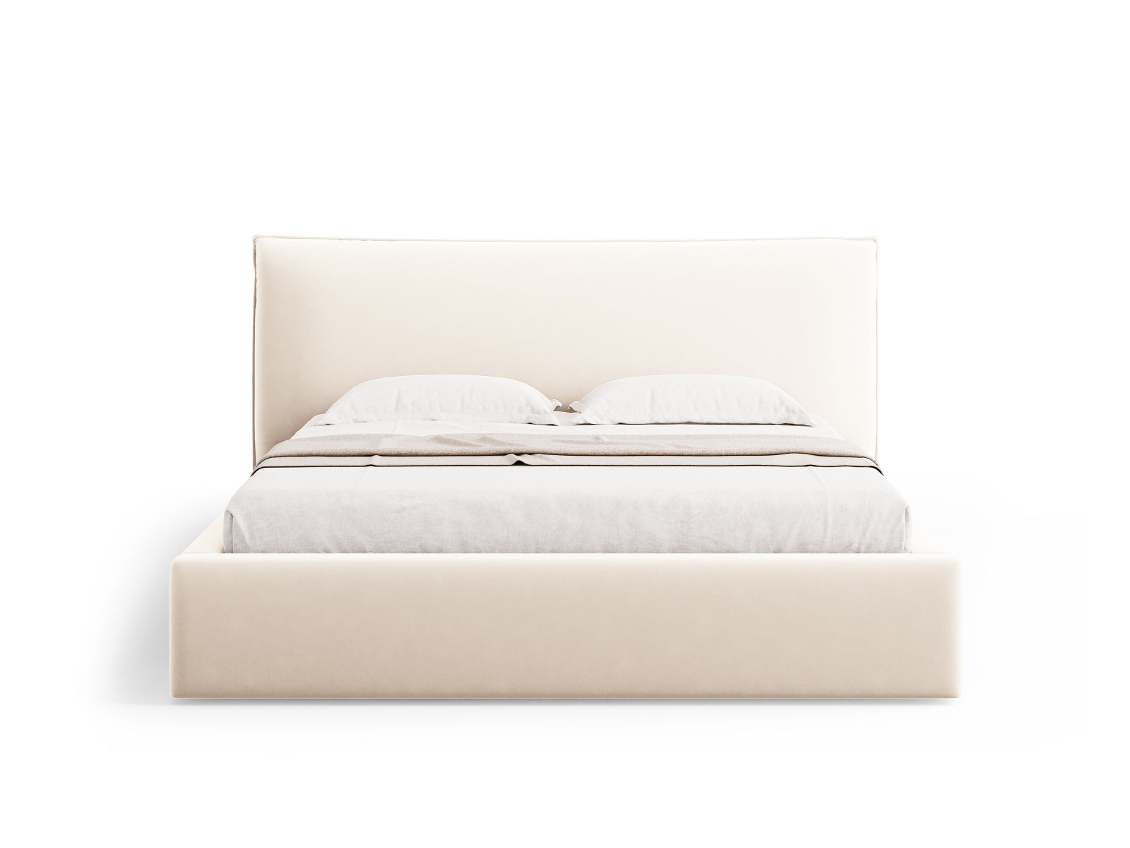 Luxuriöses Kaelle Velour Bett in sanftem Beige, ausgestattet mit praktischem Stauraum und einem modernen Kopfteil für stilvolle Schlafzimmer.