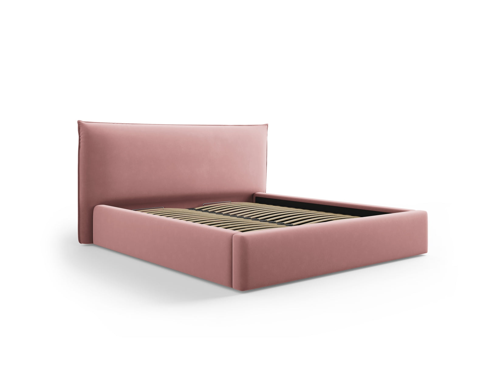 Elegantes Kaelle Velour Bett in Pink-Bluvel mit praktischem Stauraum und stilvollem Headboard, ideal für jedes Schlafzimmer.