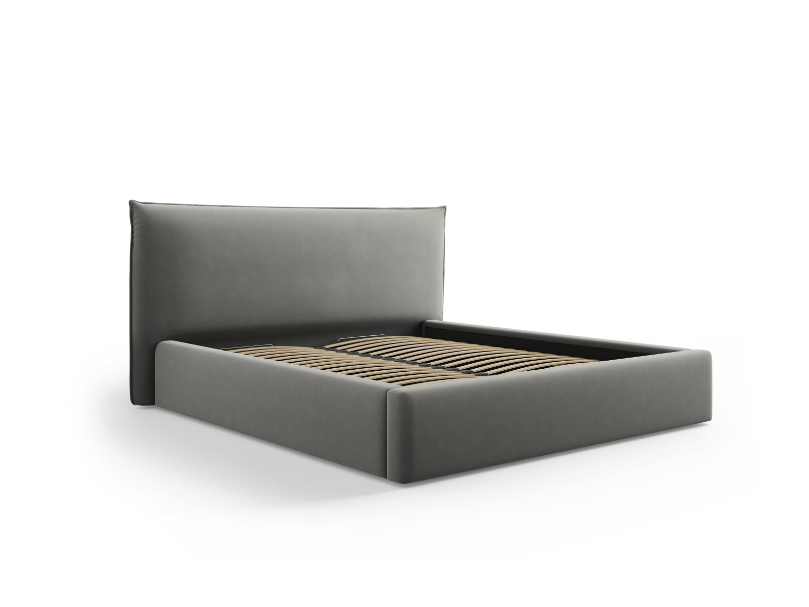 Elegantes Kaelle Velour Bett in Light Grey-Bluvel mit praktischem Stauraum und stilvollem Headboard, ideal für jedes Schlafzimmer.