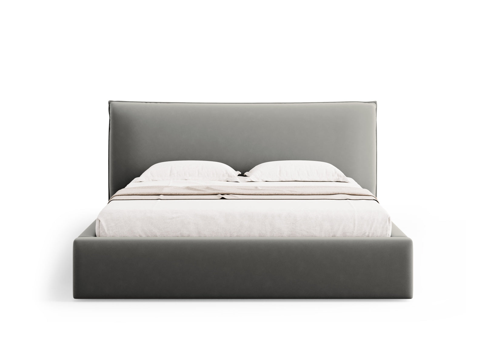 Stylisches Kaelle Velour Bett in sanftem Grau mit integriertem Stauraum und modernem Kopfteil, perfekt für eine gemütliche Schlafumgebung.
