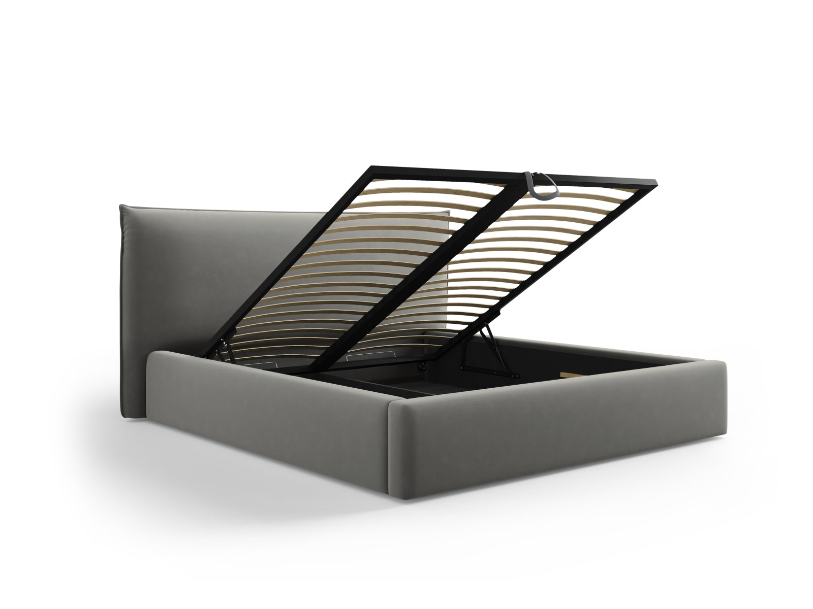 Elegantes Kaelle Velour Bett in dezentem Grau, ausgestattet mit praktischem Stauraum und einem modernen Kopfteil für stilvolles Wohnen.