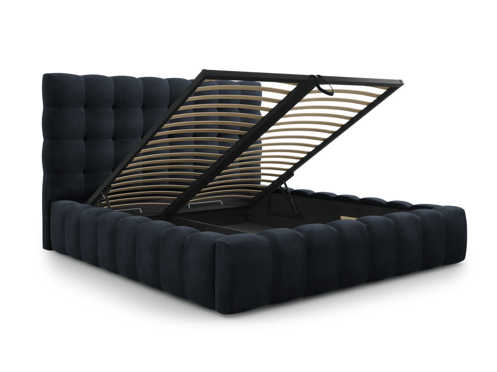 Stilvolles Mamaia Velour Bett in tiefem Blau, ausgestattet mit praktischem Stauraum und einem modernen Kopfteil für ein elegantes Ambiente.