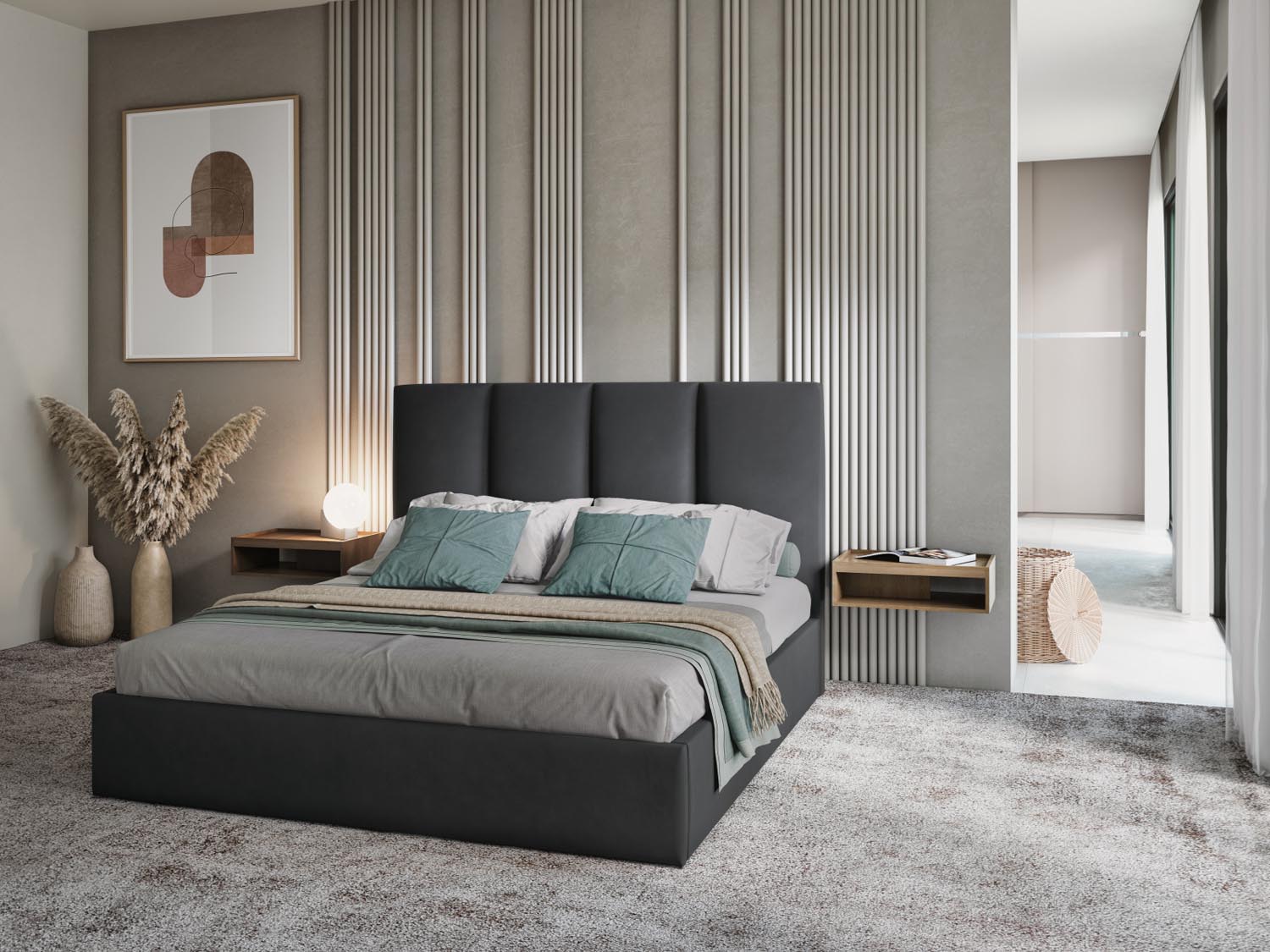 Pyla Velour Bett mit Stauraum und Headboard  in Dark Grey präsentiert im Onlineshop von KAQTU Design AG. Bett ist von Micadoni