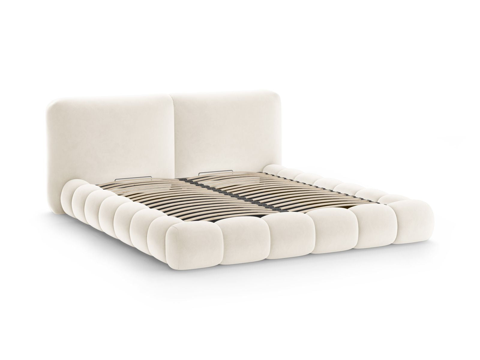 Elegantes Solange Bett mit 200 cm Kopfteil und praktischem Stauraum in Ivory-Magic Velvet, ideal für stilvolle Schlafzimmergestaltung.