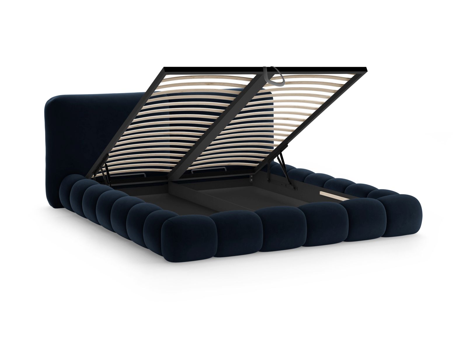 Stilvolles Solange Bett in Royal Blue-Magic Velvet, ausgestattet mit praktischem Stauraum und einem modernen, eleganten Kopfteil.