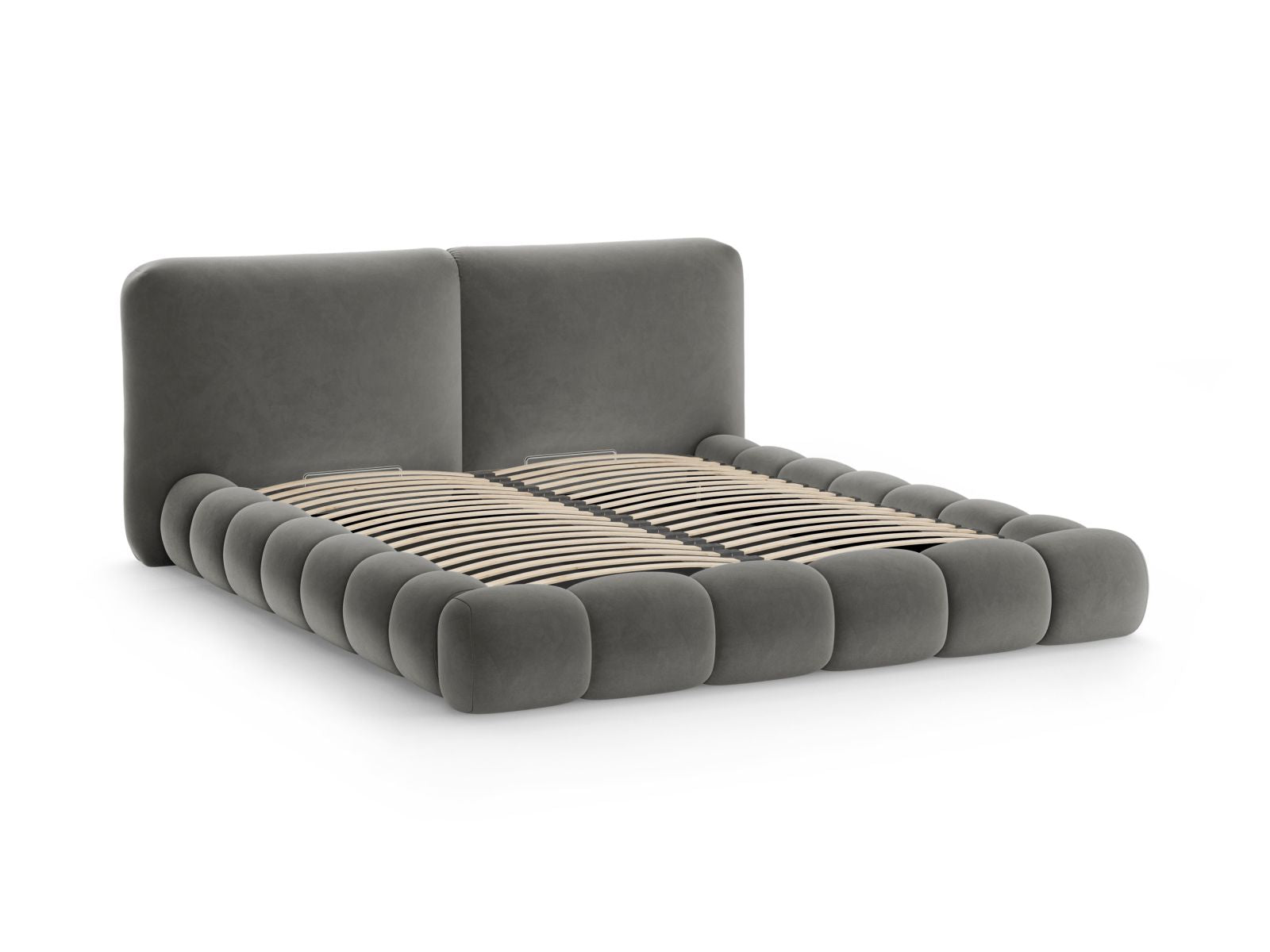 Elegantes Solange Bett mit 200 cm Kopfteil und praktischem Stauraum, gefertigt aus hochwertigem Dark Grey-Magic Velvet für stilvolle Schlafzimmer.