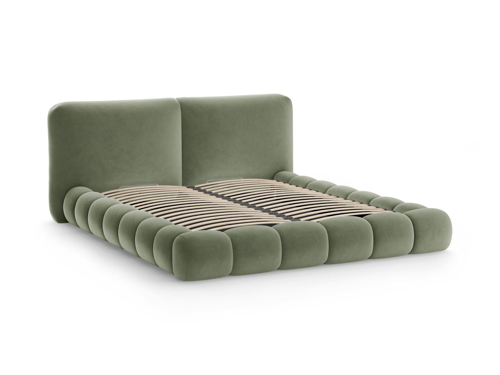 Elegantes Solange Bett mit 200 cm Kopfteil und praktischem Stauraum, gepolstert in hochwertigem Green-Magic Velvet für ein modernes Schlafzimmer.