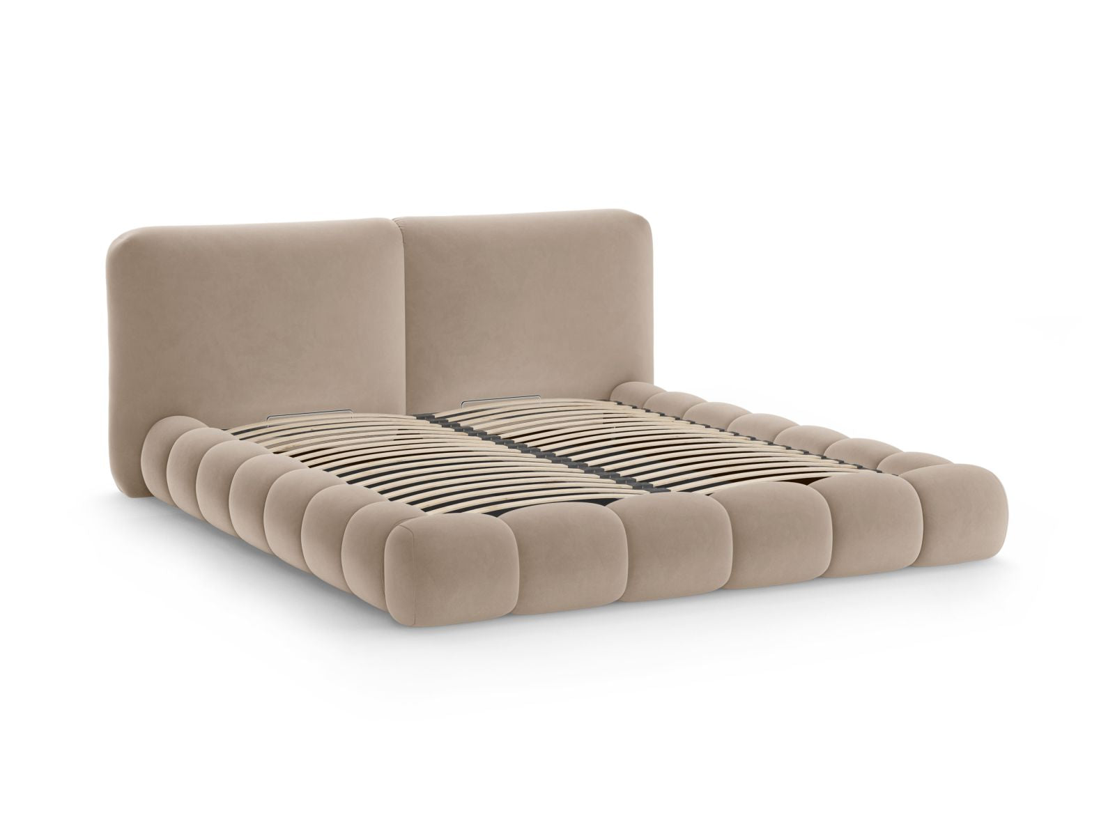 Elegantes Solange Bett mit 200 cm Kopfteil und praktischem Stauraum in stilvollem Almond Beige-Magic Velvet, ideal für moderne Schlafzimmer.