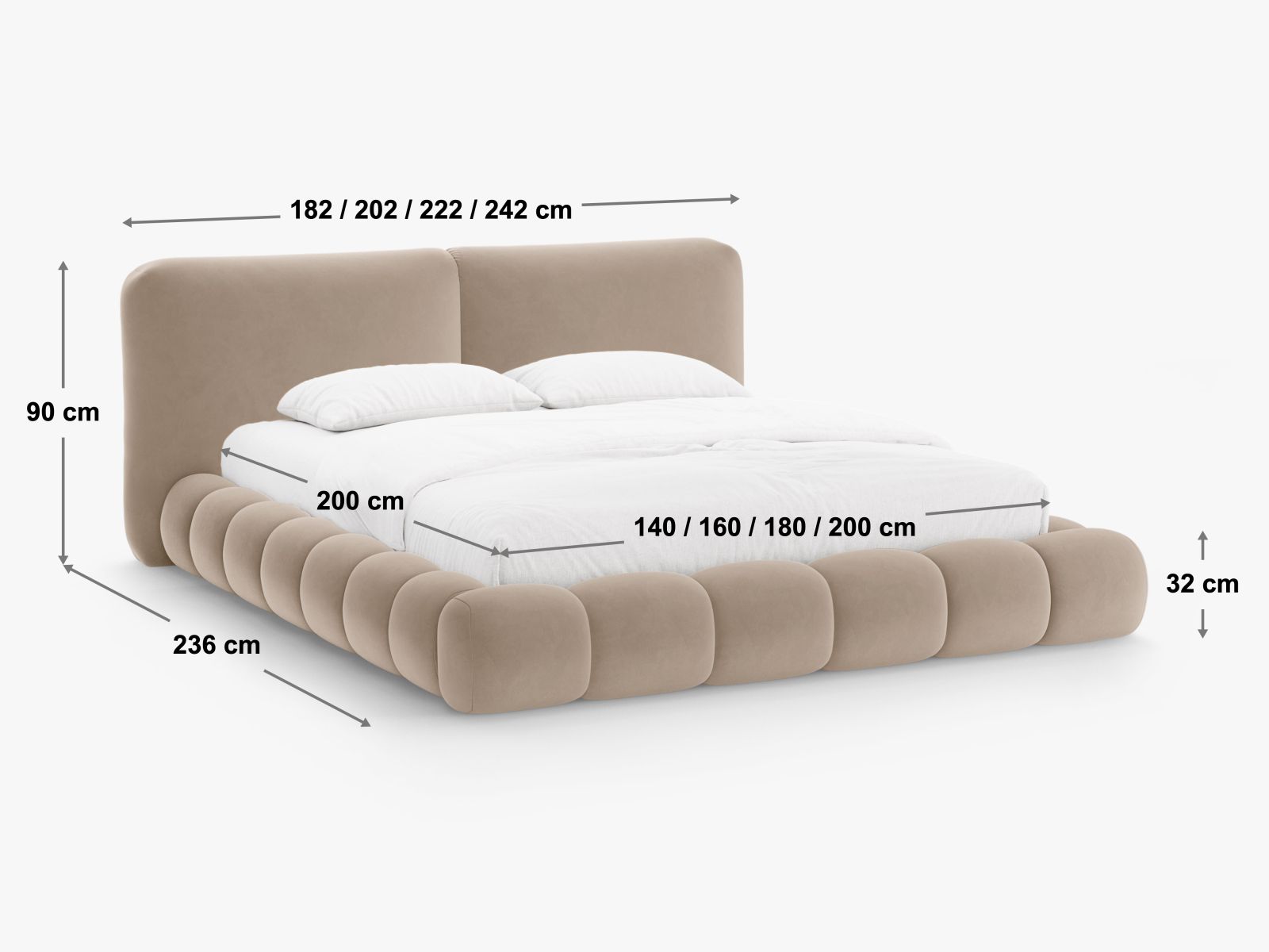 Modernes Solange Bett mit 200 cm Kopfteil und integriertem Stauraum in zartem Light Beige, perfekt für ein elegantes Schlafzimmer.