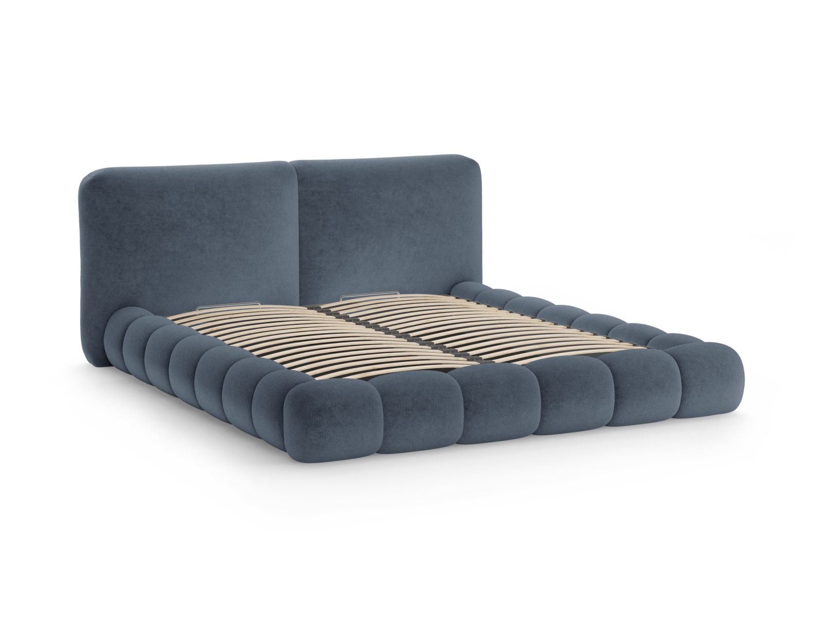 Elegantes Solange Bett in Dunkelblau, 200 cm Kopfteil, bietet praktischen Stauraum und verleiht jedem Schlafzimmer einen modernen Look.