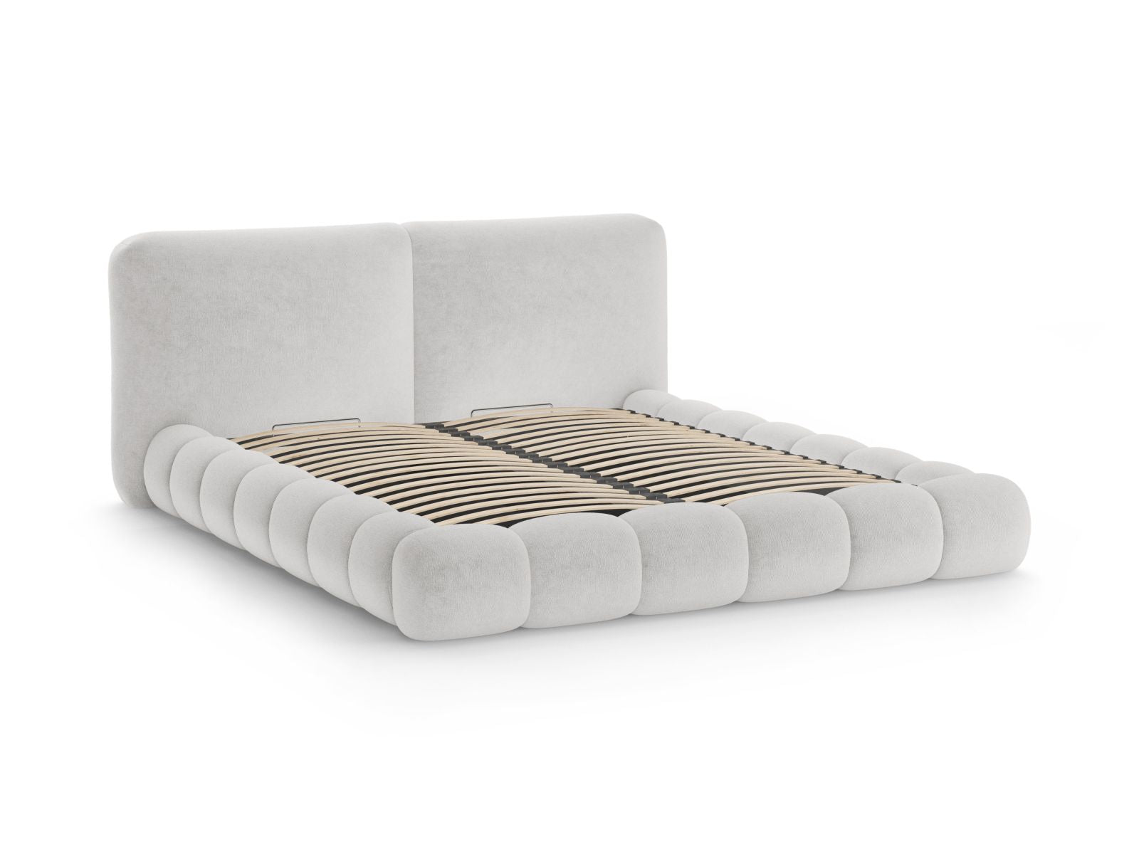 Elegantes Solange Bett mit 200 cm Kopfteil und praktischem Stauraum in sanftem Grau, ideal für stilvolle Schlafzimmergestaltung.