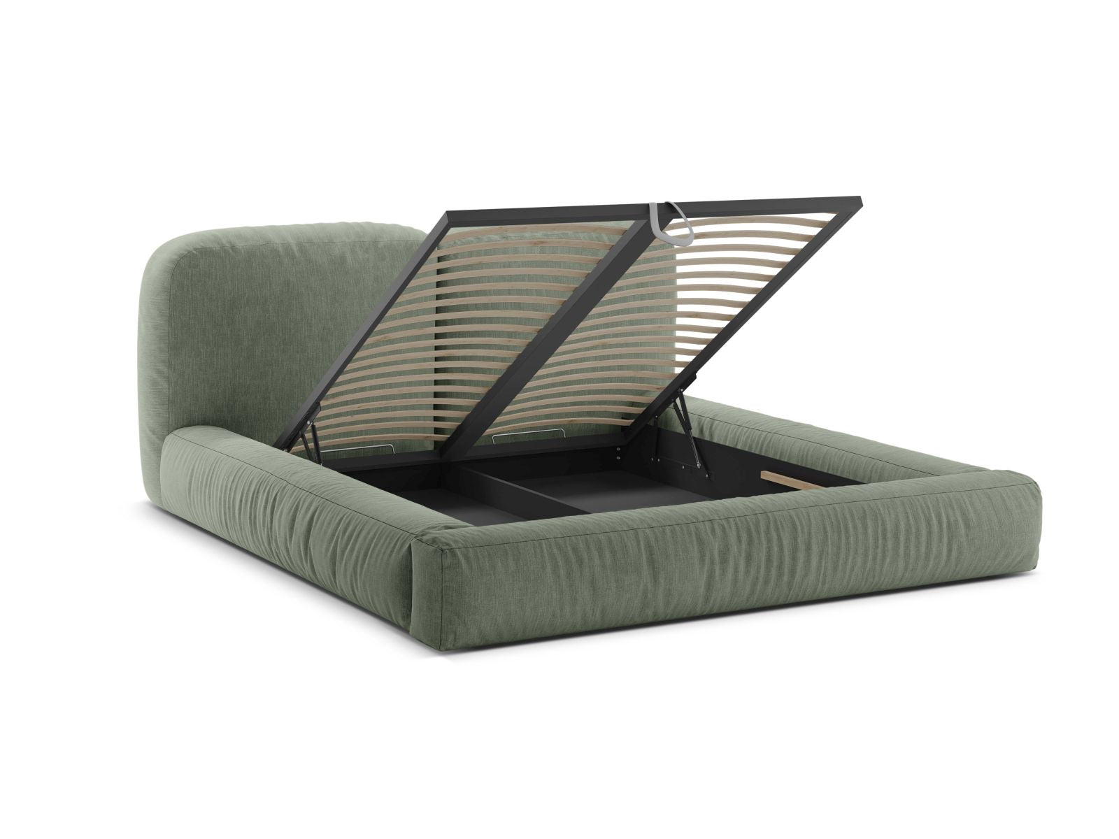 Stylisches Martina Bett in sanftem Moss Green, ausgestattet mit praktischem Stauraum und einem ansprechenden Kopfteil für zeitgemäße Schlafzimmer.