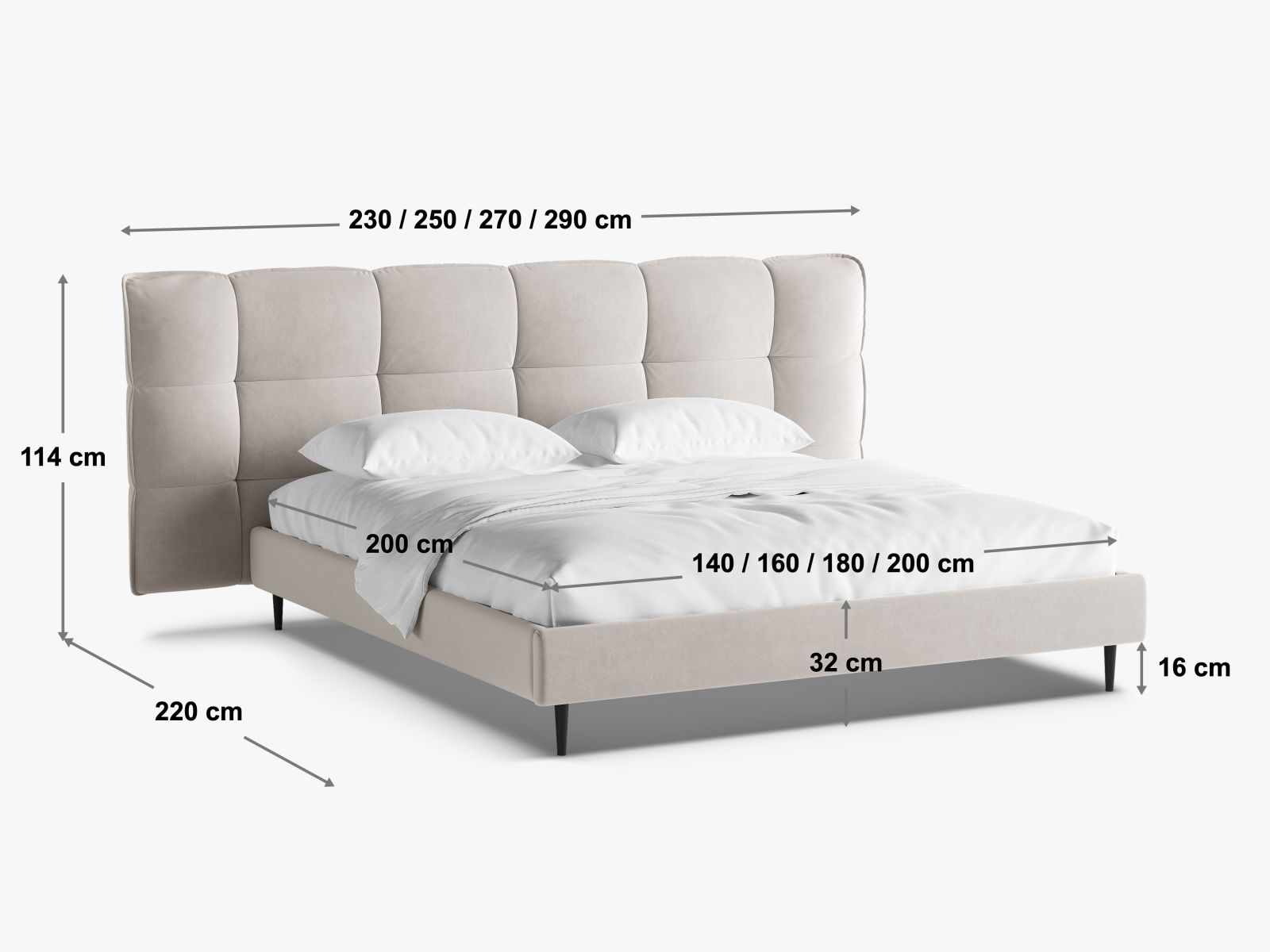 Modernes Eric Bett in 200 cm, ausgestattet mit stabilen Füßen, einem geschmackvollen Kopfteil und praktischem Stauraum für Ordnung im Schlafzimmer.