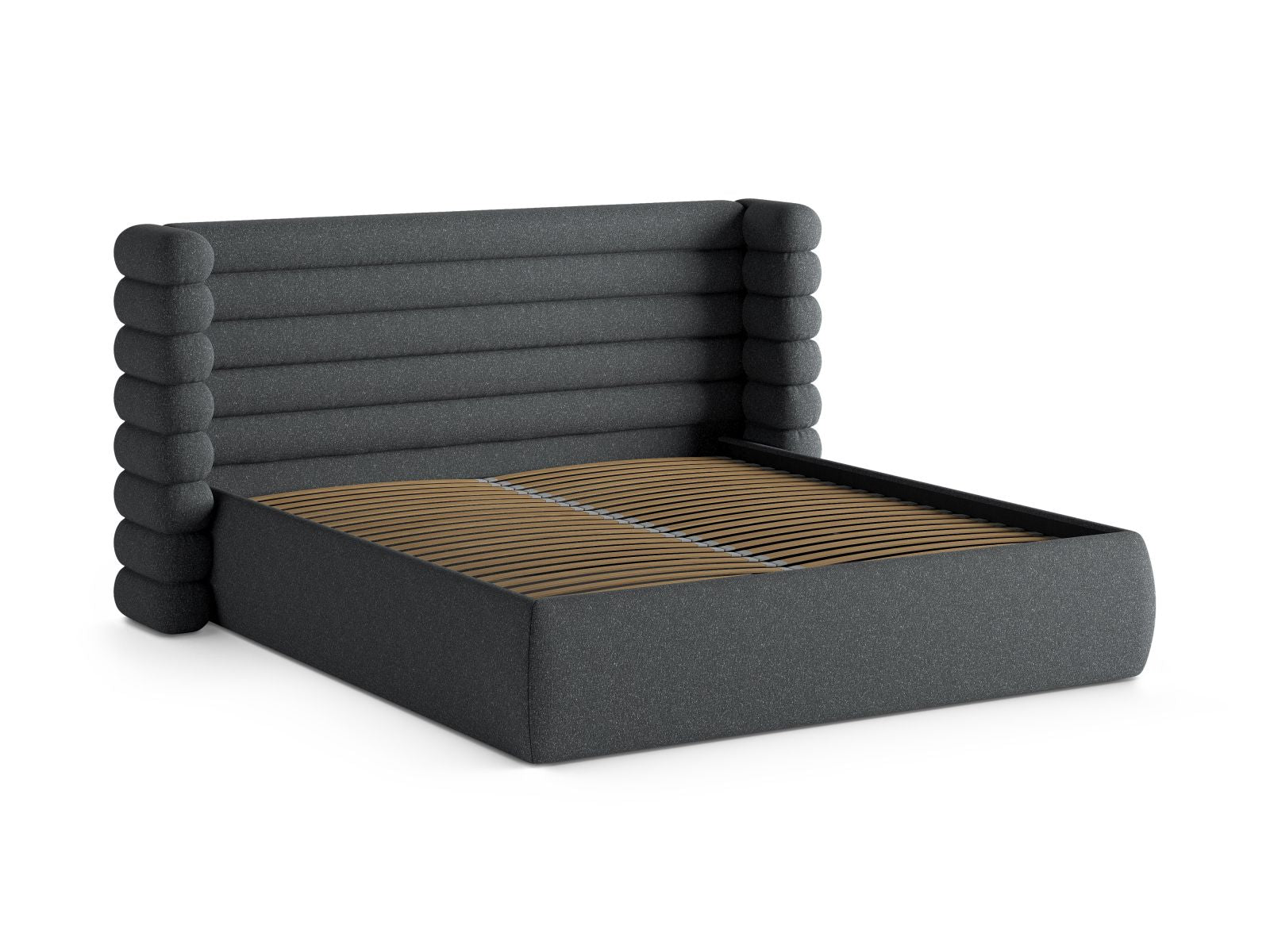 Stylisches Mount Bett in Dunkelgrau mit integriertem Stauraum und geschmackvollem Kopfteil, ideal für ein modernes Schlafzimmer. Von Micadoni.