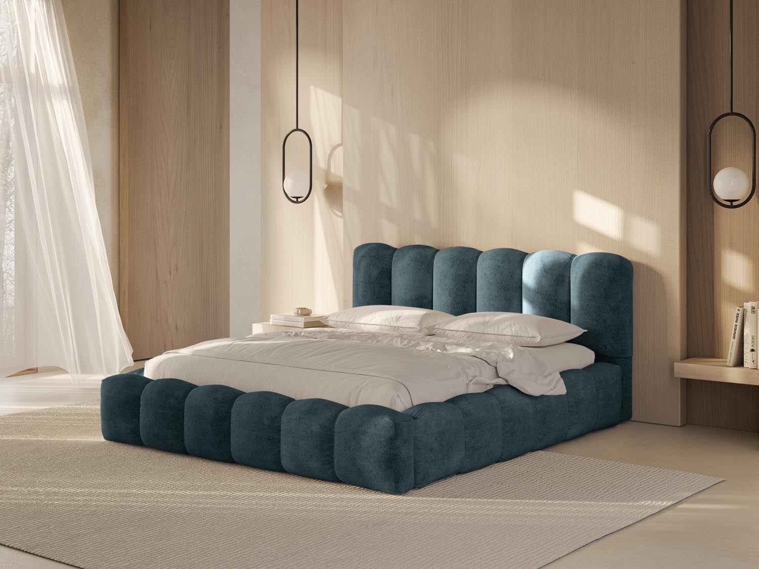 Elegantes Lupine Bett in Blue Jeans-Loris mit praktischem Stauraum und stilvollem Headboard, ideal für modernes Wohnen.