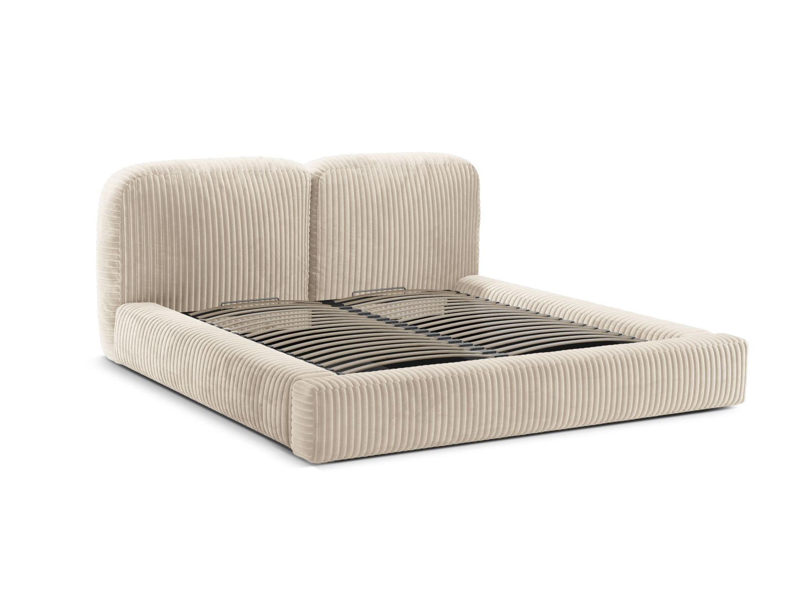 Elegantes Martina Bett in hellem Beige, ideal für moderne Schlafzimmer, bietet zusätzlichen Stauraum und ein geschmackvolles Kopfteil.