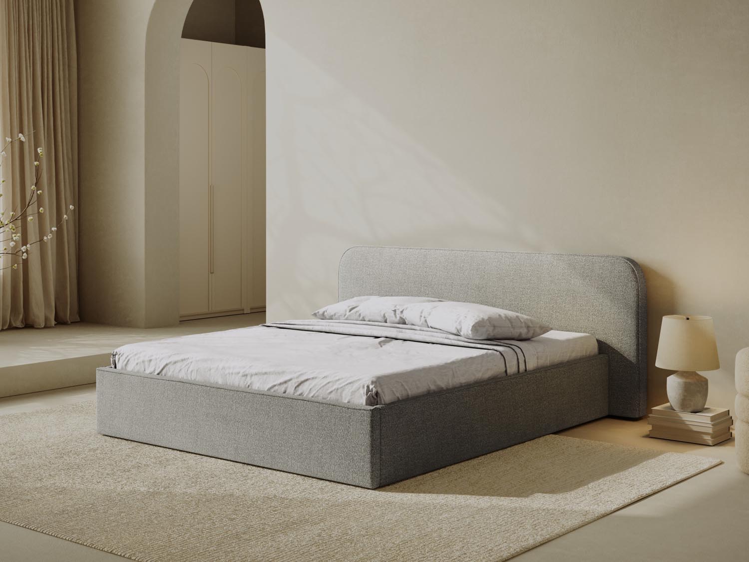Erleben Sie das elegante Elizabeth Boucle Bett von Micadoni. Mit integriertem Stauraum und einem stilvollen Headboard – perfekt für Ihr modernes Schlafzimmer!