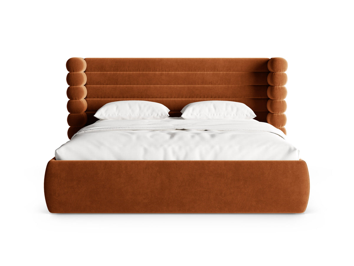 Mount Stauraumbett mit Kopfteil von Micadoni, Bettgestell mit gepolstertem Kopfteil in Beige Melange-Puente und Bettkasten mit Gaslift-Mechanismus.