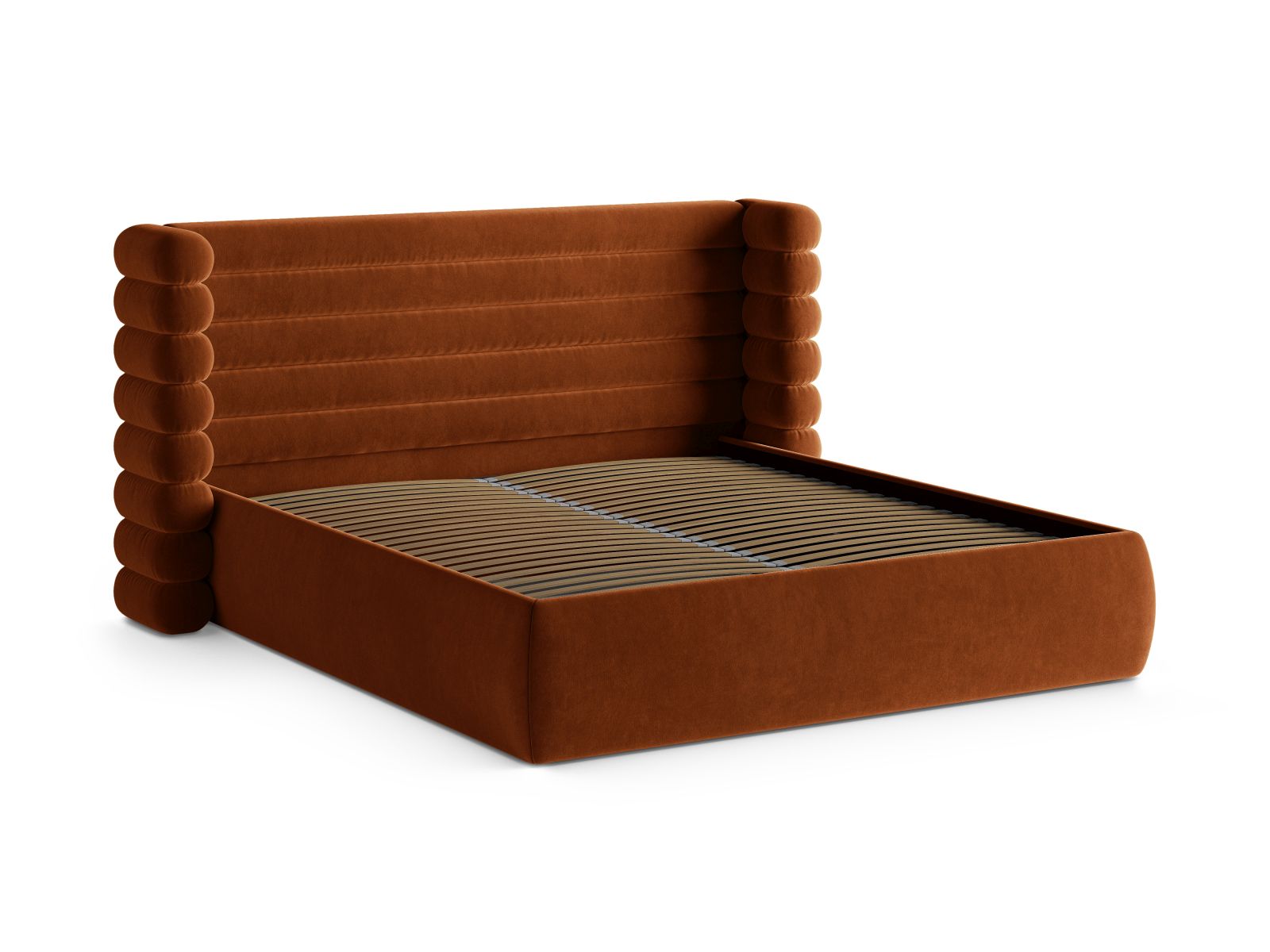 Stylisches Mount Bett in warmem Terracotta, ausgestattet mit einem eleganten Kopfteil und cleverem Stauraum für Ihr Schlafzimmer.