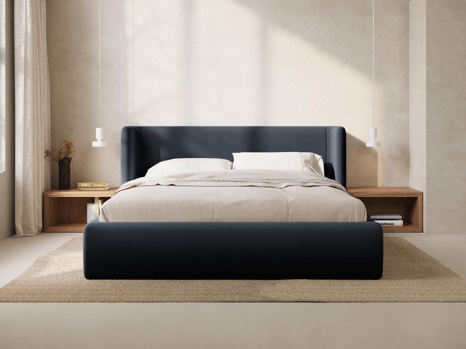 Jolene Velour Bett mit Stauraum und Headboard  in Dark Blue präsentiert im Onlineshop von KAQTU Design AG. Bett ist von Micadoni