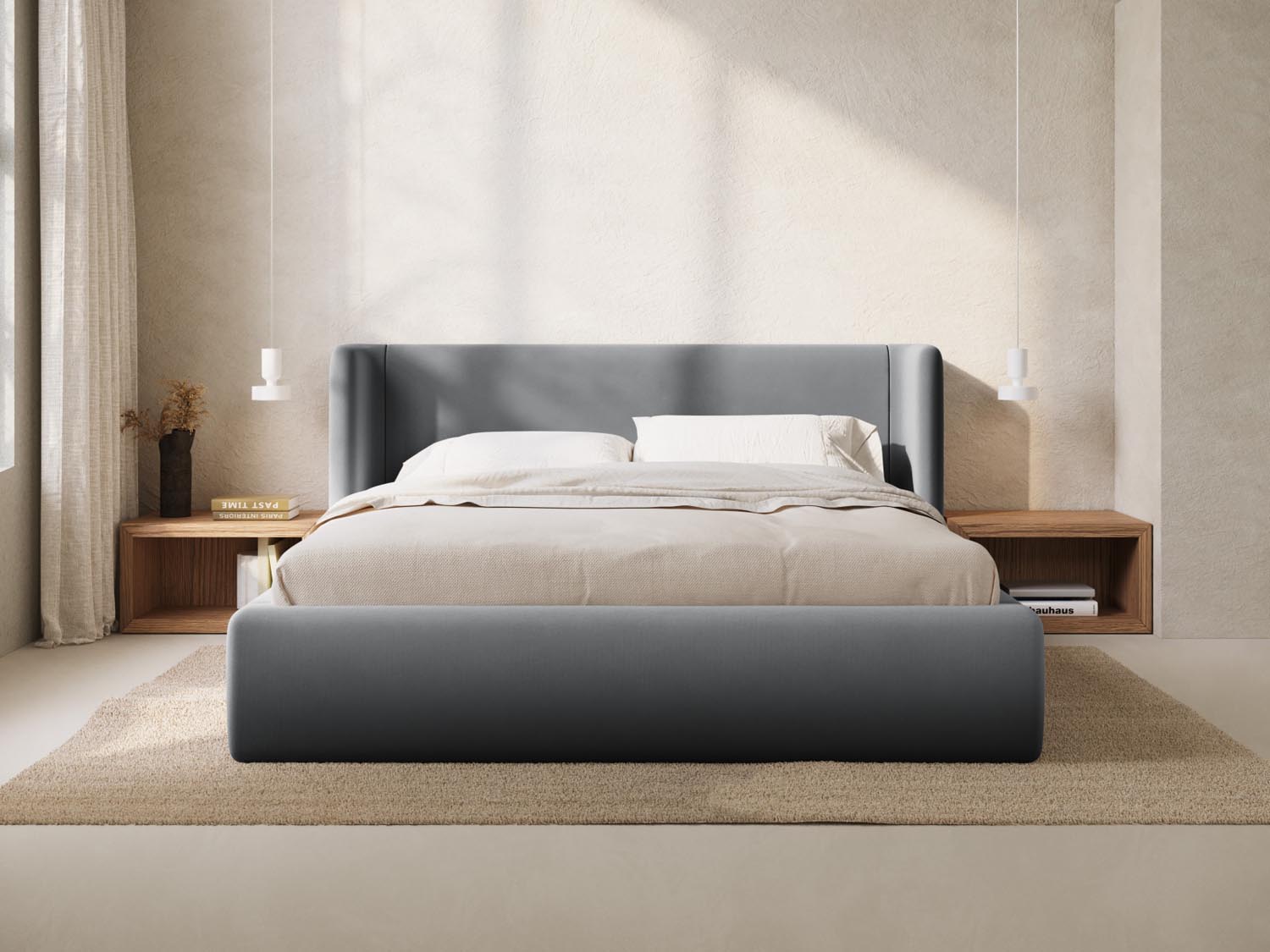 Jolene Velour Bett mit Stauraum und Headboard  in Grey präsentiert im Onlineshop von KAQTU Design AG. Bett ist von Micadoni