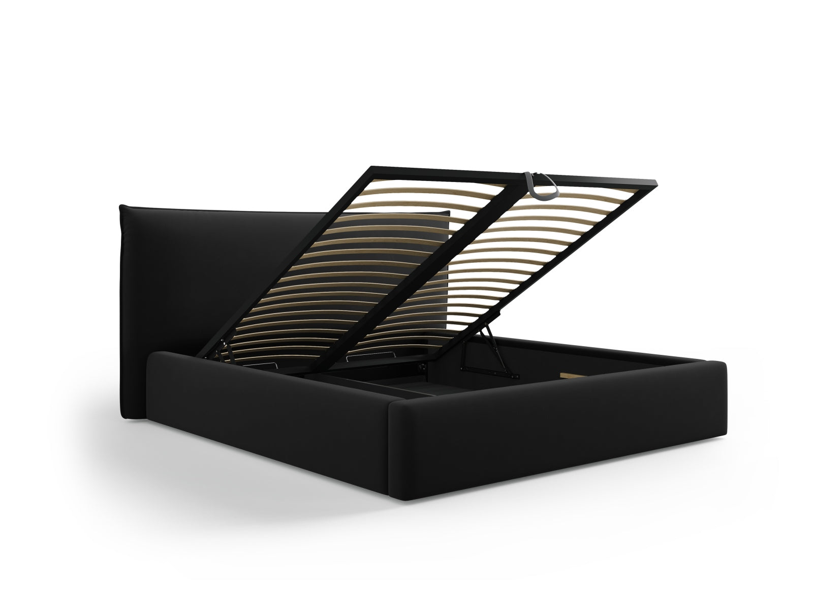 Elegantes Kaelle Velour Bett in Schwarz mit praktischem Stauraum und geschmackvollem Kopfteil, ideal für moderne Schlafzimmer.