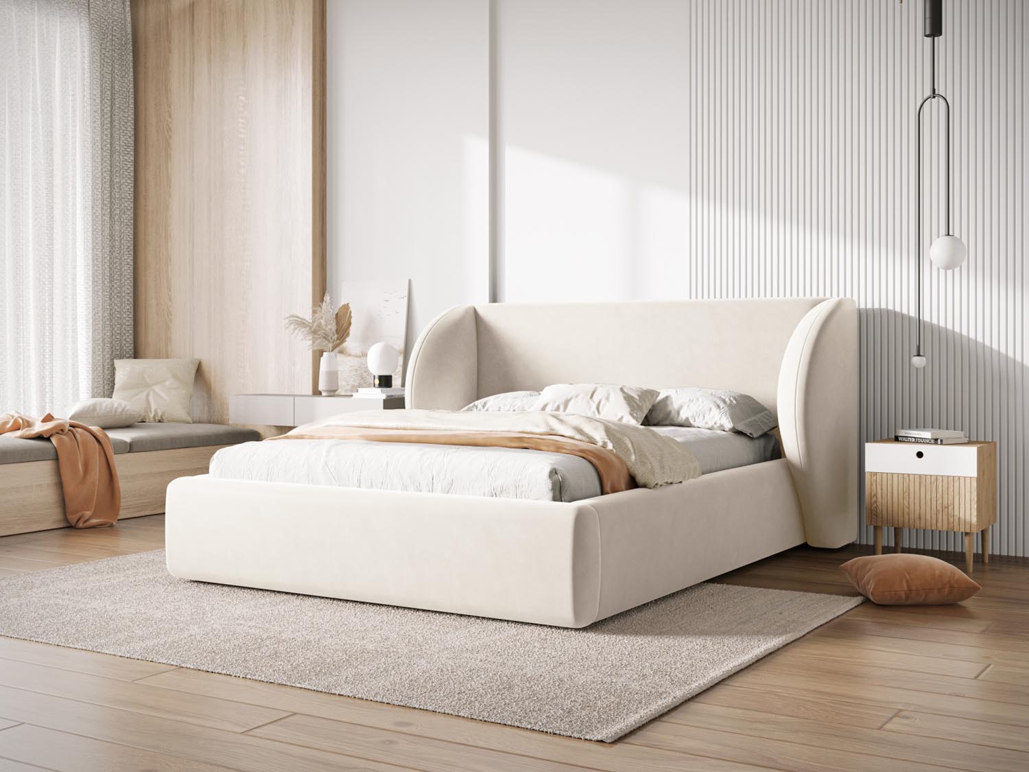 Elegantes Miley Velour Bett in Light Beige mit praktischem Stauraum und stilvollem Headboard, ideal für jedes Schlafzimmer.