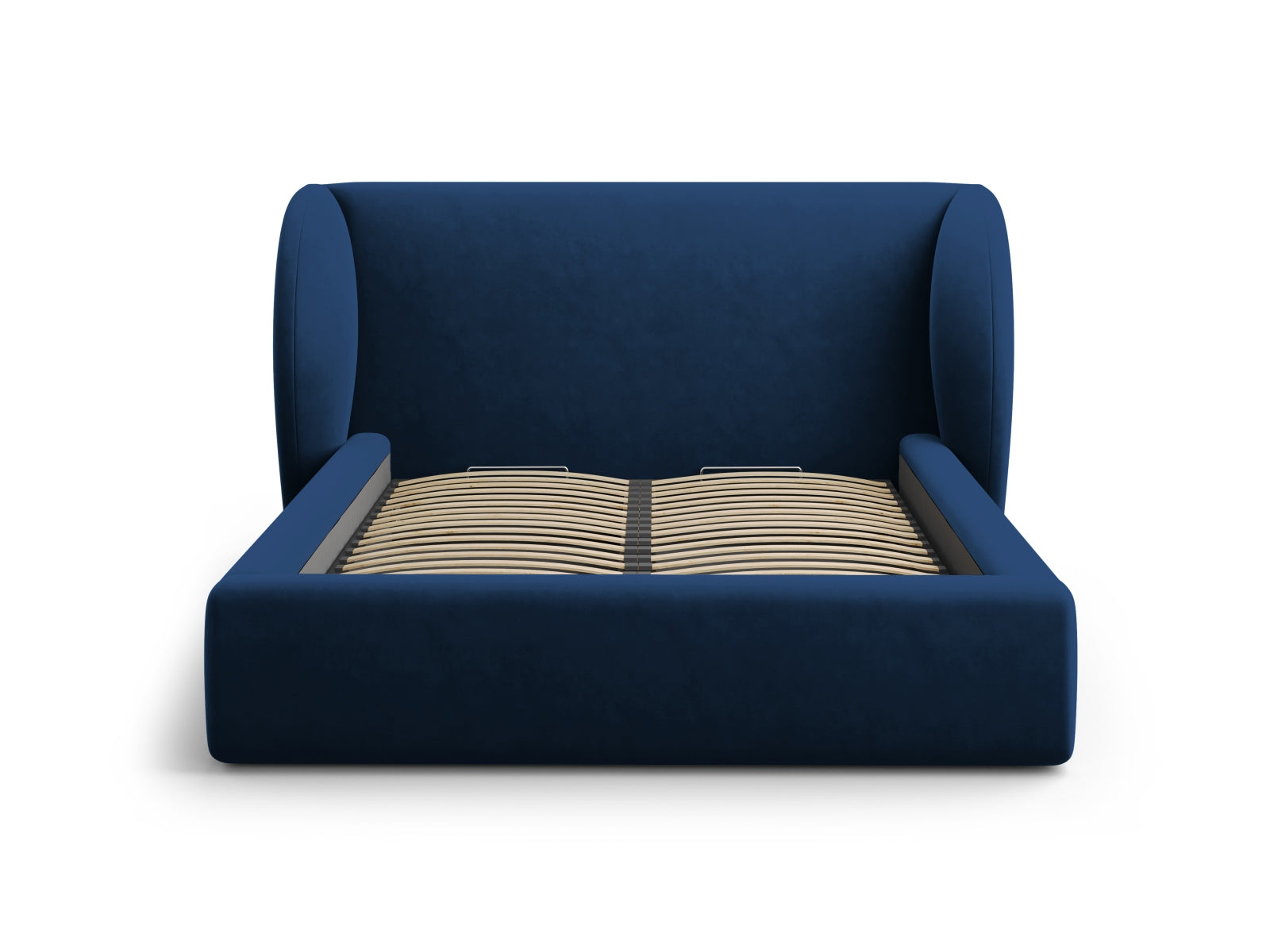 Luxuriöses Miley Velour Bett in Royal Blue, ausgestattet mit Stauraum und einem modernen Kopfteil, perfekt für stilvolle Schlafzimmer.
