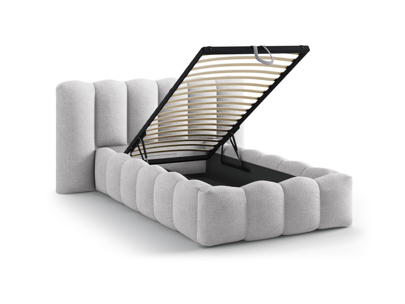 Modernes Micadoni Bett Lupine mit 90 cm Breite, bietet cleveren Stauraum und ein ansprechendes, hellgraues Kopfteil.