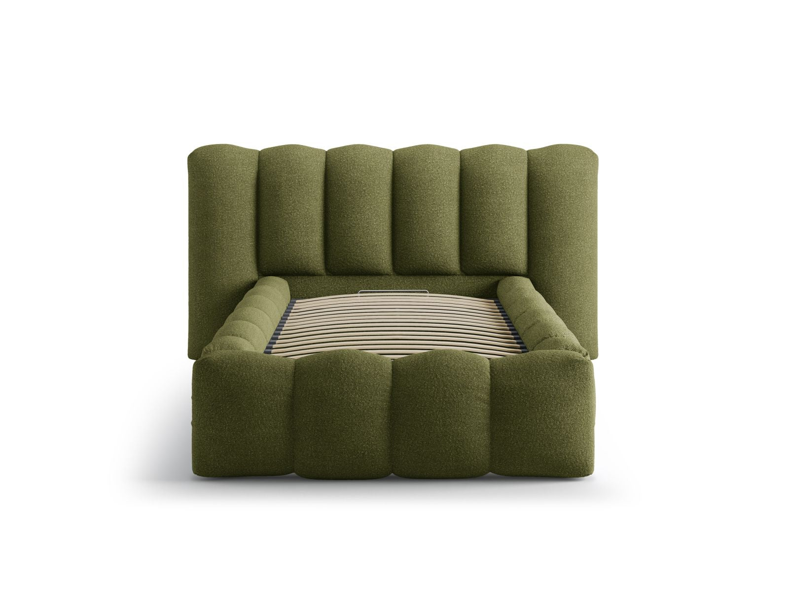 Elegantes Lupine Bett mit Stauraum und Kopfteil in 90cm Breite, stilvoll in Dunkelolivgrün, ideal für moderne Schlafzimmer.