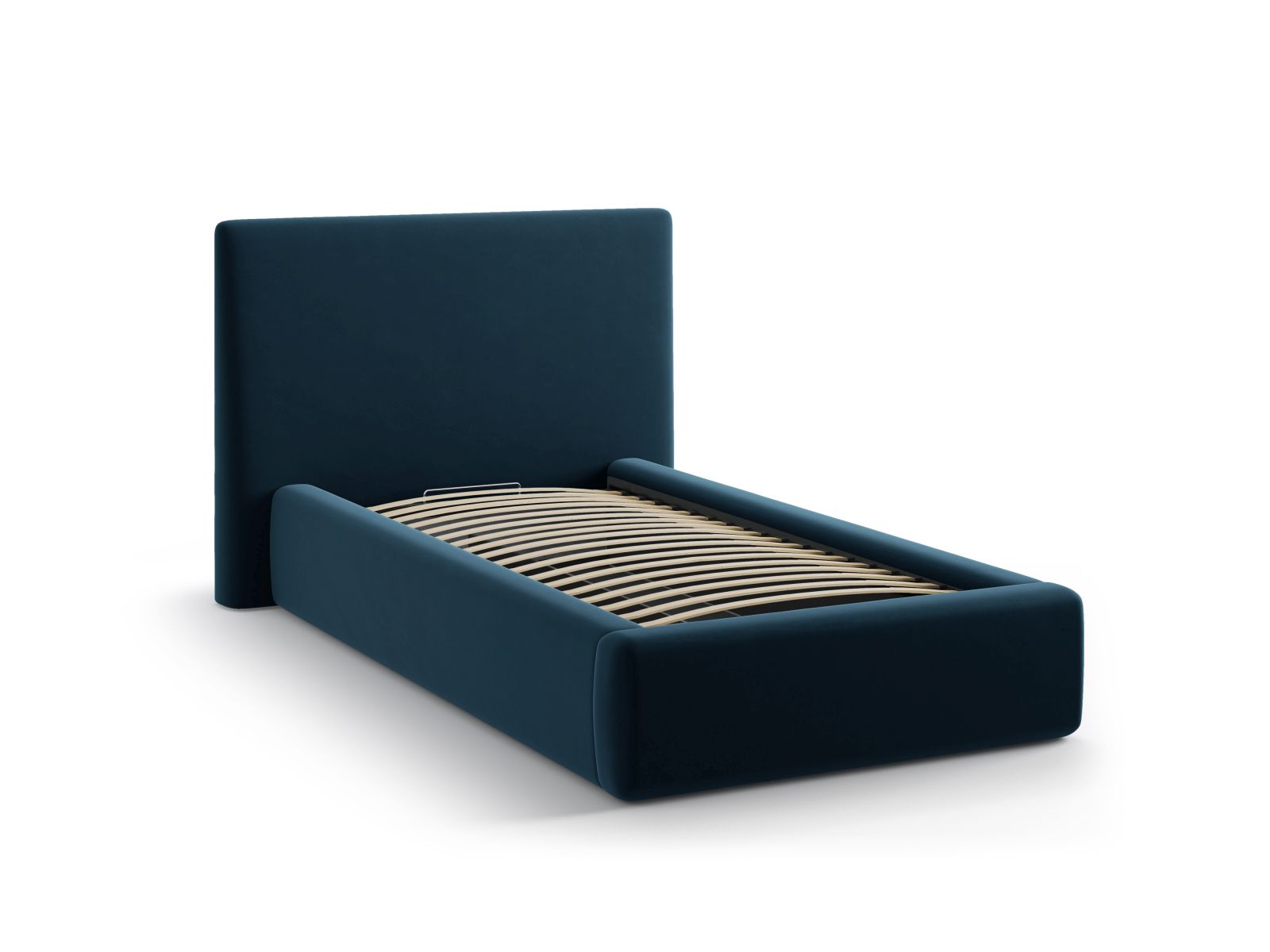 Modernes Amy Bett mit 90 cm Breite, bietet cleveren Stauraum und ein geschmackvolles Kopfteil in edlem Navy Blue-Magic Velvet.