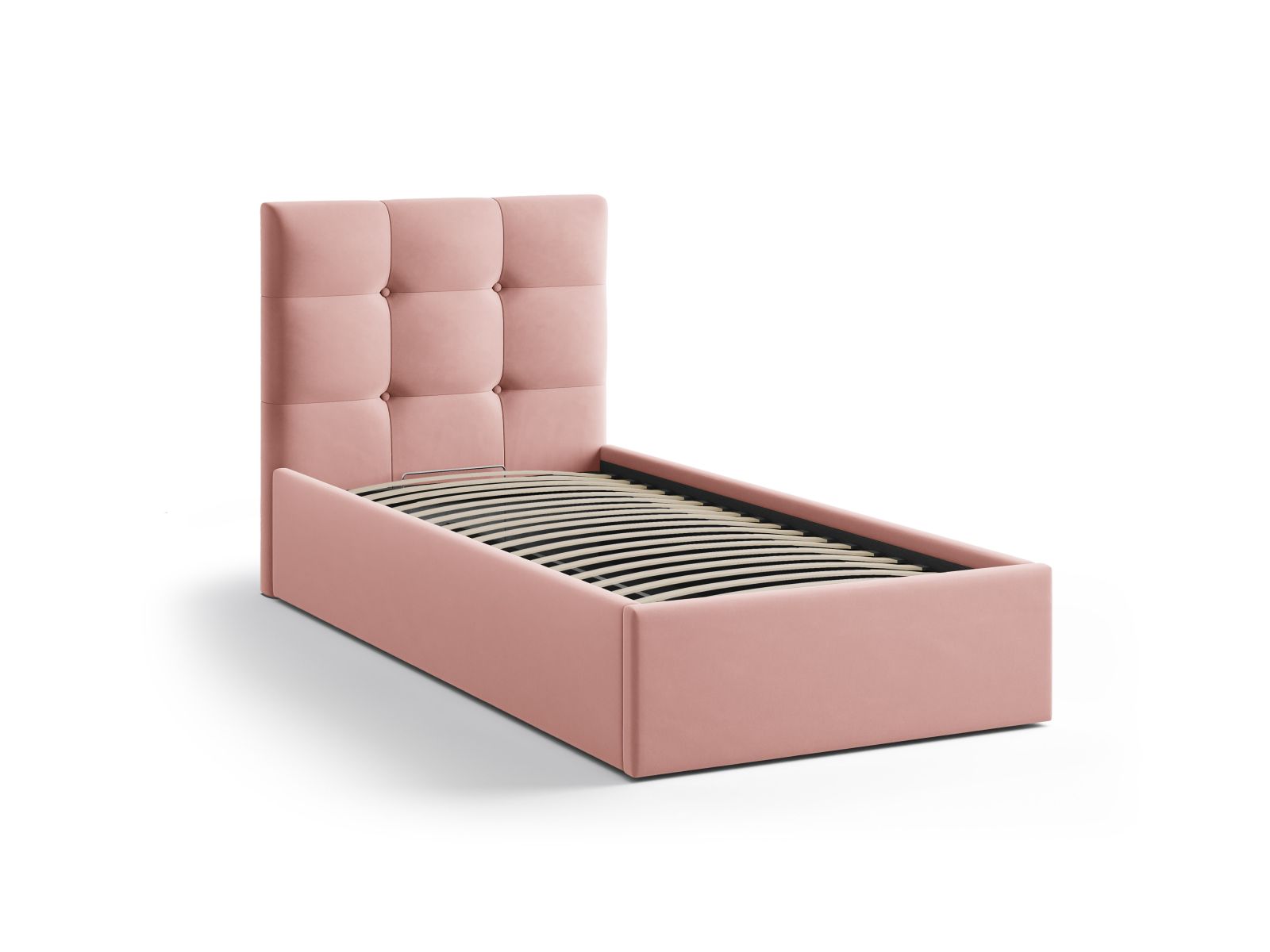 Elegantes Phaedra Bett in 90 cm mit praktischem Stauraum und luxuriösem, pinkem Samt-Kopfteil für stilvolle Schlafzimmergestaltung.