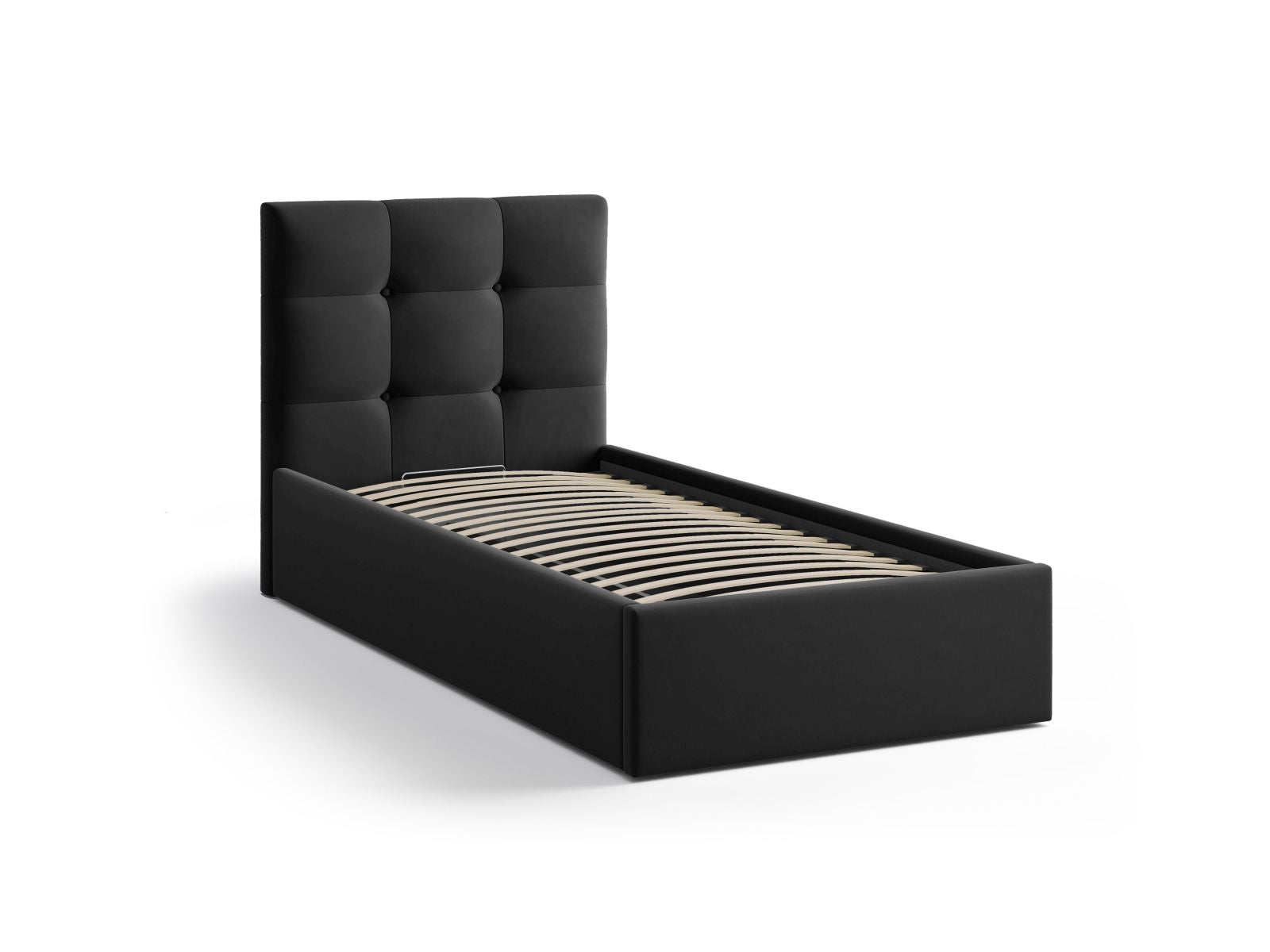Elegantes Phaedra Bett mit 90 cm Breite, Kopfteil und cleverem Stauraum, aus luxuriösem Black-Magic Velvet gefertigt.