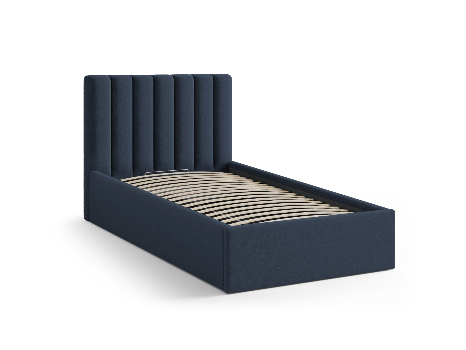 Elegantes 90 cm breites Bett von Micadoni in Royal Blue-Moly, ausgestattet mit praktischem Stauraum und einem stilvollen Kopfteil.