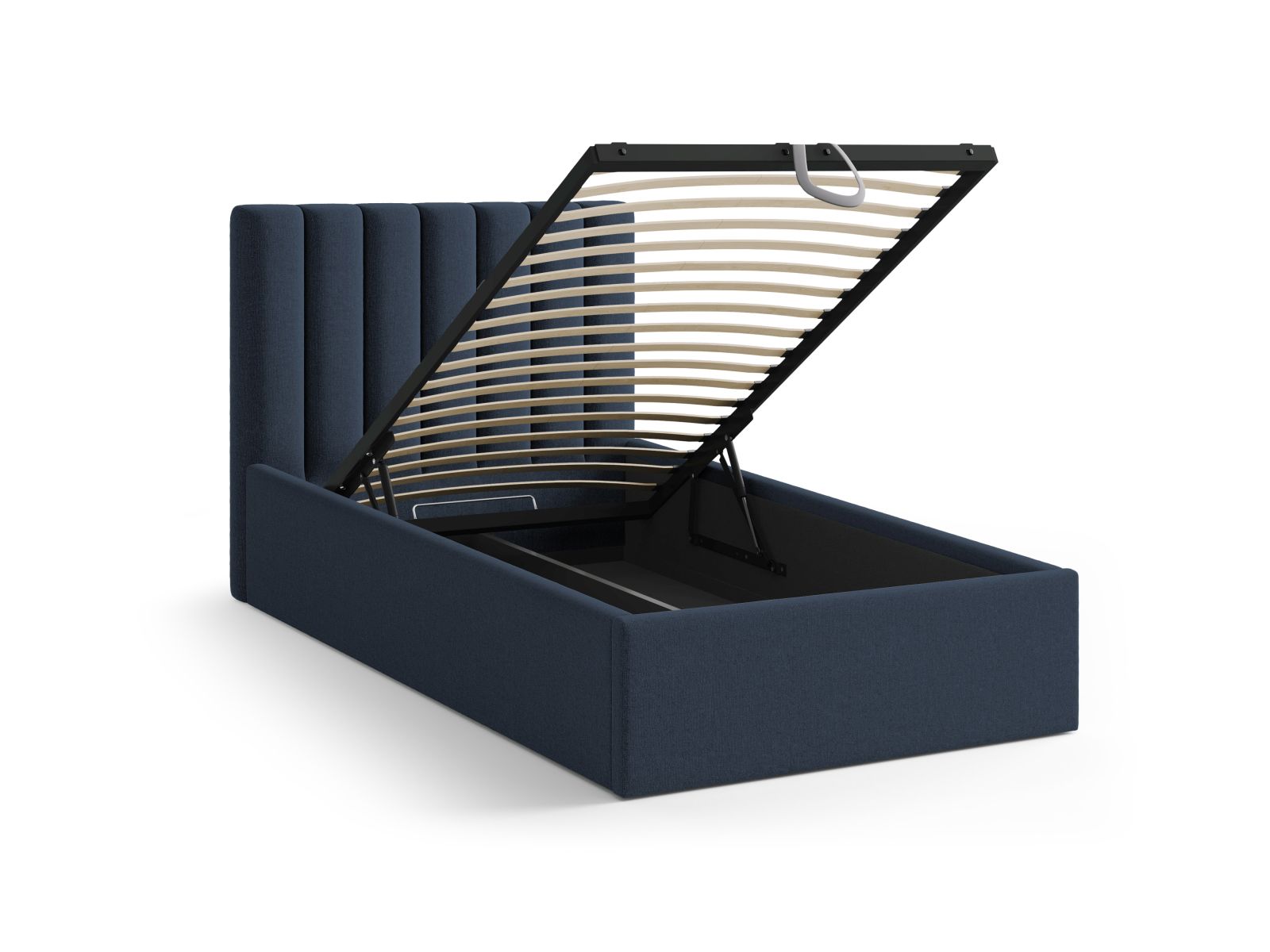 Modernes 90 cm Bett von Micadoni in Royal Blue-Moly, ideal für kleine Räume, mit integriertem Stauraum und ansprechendem Kopfteil.
