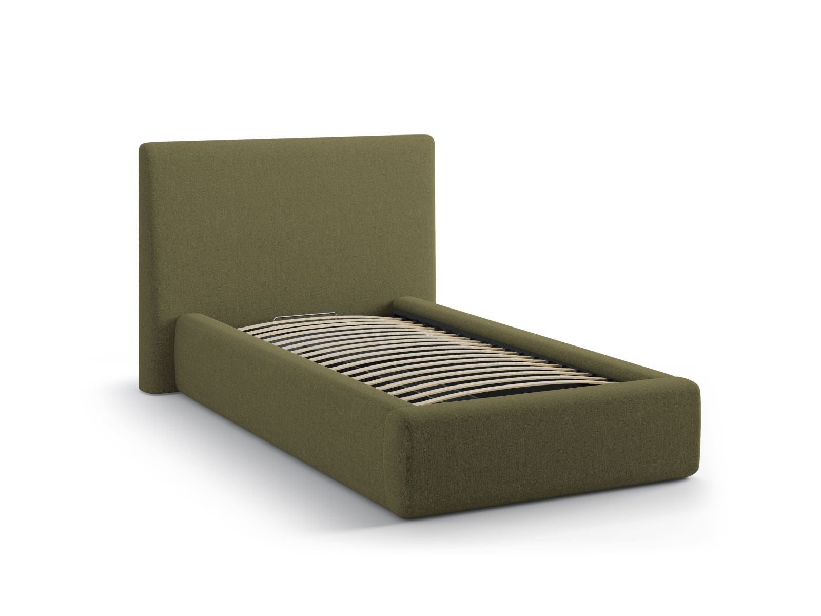 Modernes Amy Bett mit 90 cm Breite, funktionalem Stauraum und ansprechendem Kopfteil in Green-Moly, ideal für jedes Schlafzimmer.