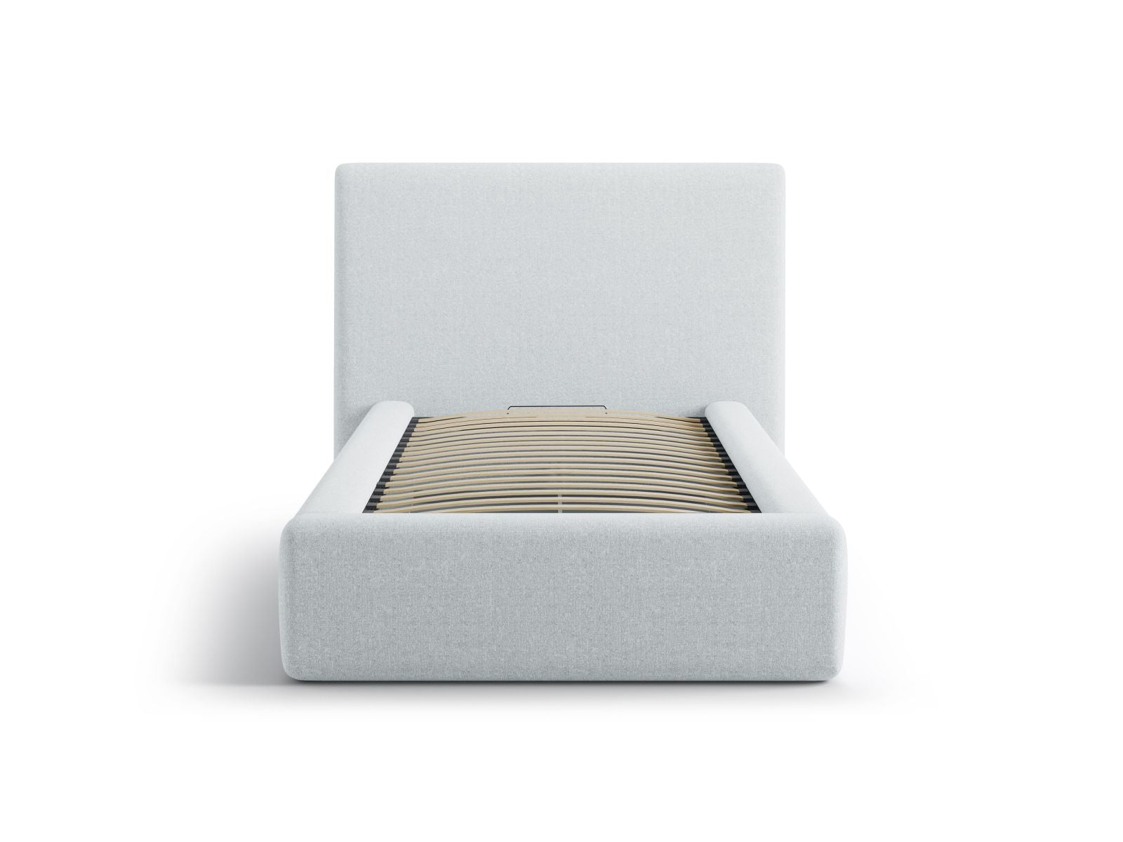 Stylisches Amy Bett mit praktischem Stauraum und elegantem Kopfteil in sanftem Light Grey, ideal für moderne Schlafzimmer.