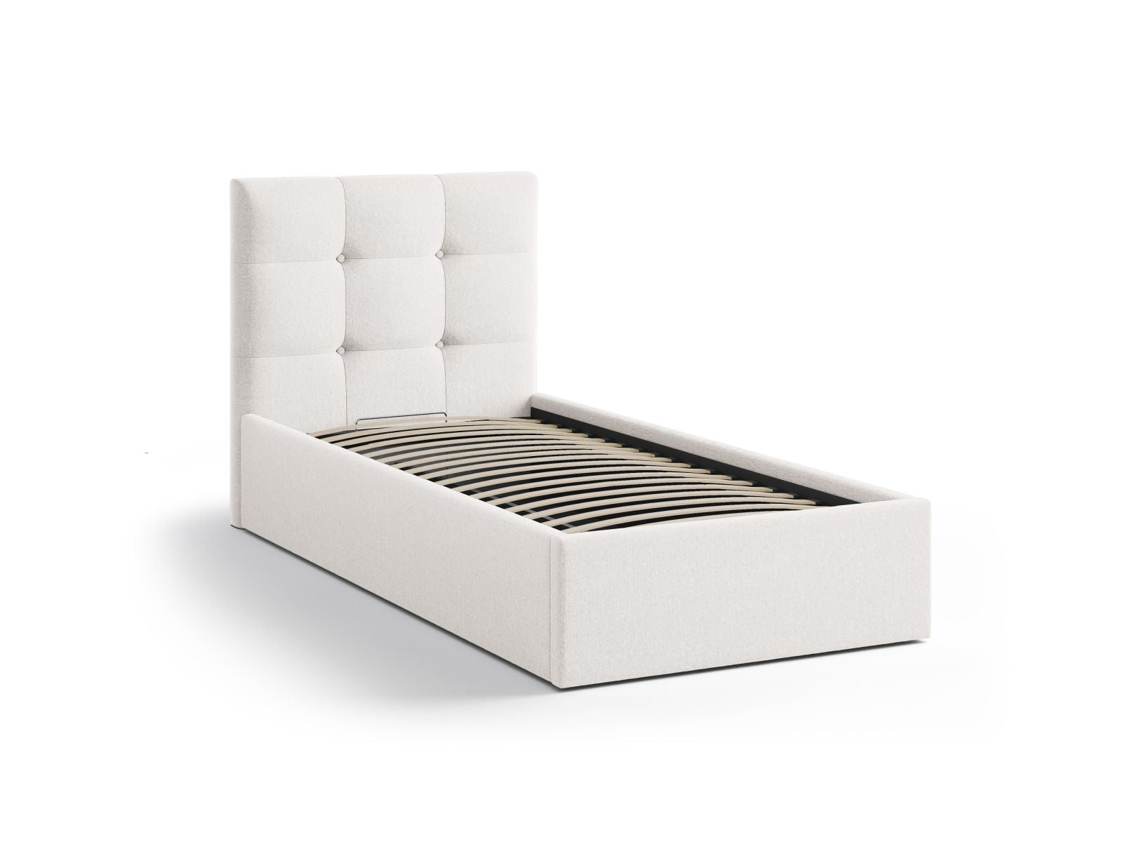 Elegantes Phaedra Bett in Light Beige mit 90 cm Breite, cleverem Stauraum und stilvollem Kopfteil für ein einladendes Schlafzimmer.
