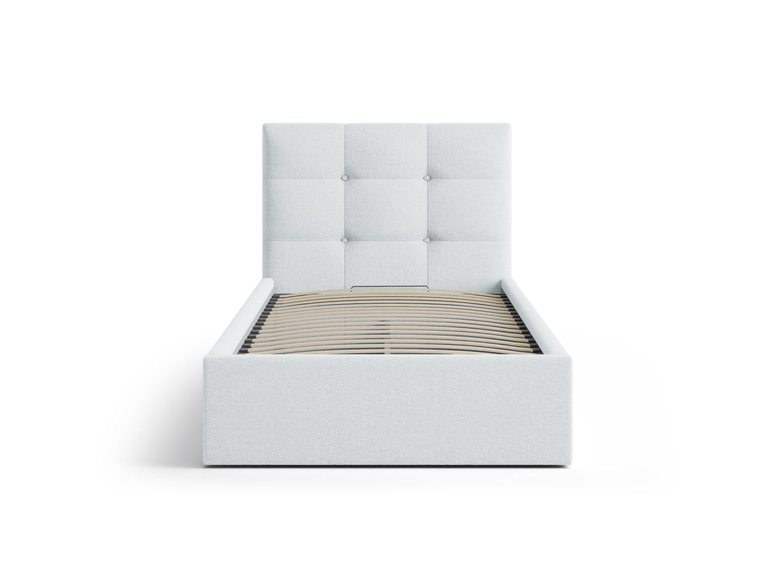 Elegantes Phaedra Bett mit 90 cm Breite, Stauraum und Kopfteil in Light Grey-Moly, ideal für stilvolle Schlafzimmerlösungen.