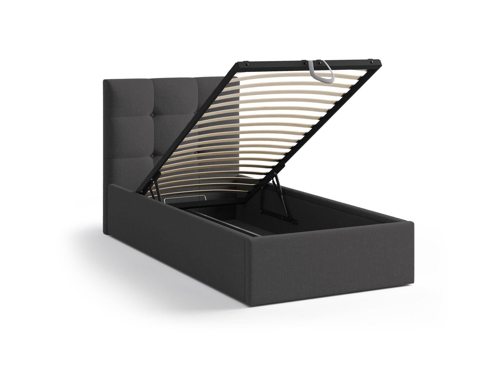 Stylisches Phaedra Bett in Anthrazit, 90 cm, mit praktischem Stauraum und geschmackvollem Kopfteil für zeitgemäße Schlafzimmergestaltung.