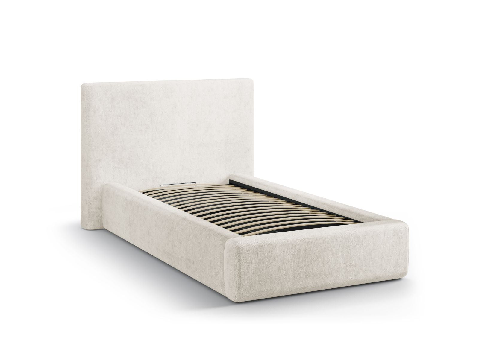 Modernes Amy Bett in sanftem Beige, ausgestattet mit praktischem Stauraum und einem ansprechenden Kopfteil, ideal für stilvolle Schlafzimmer.