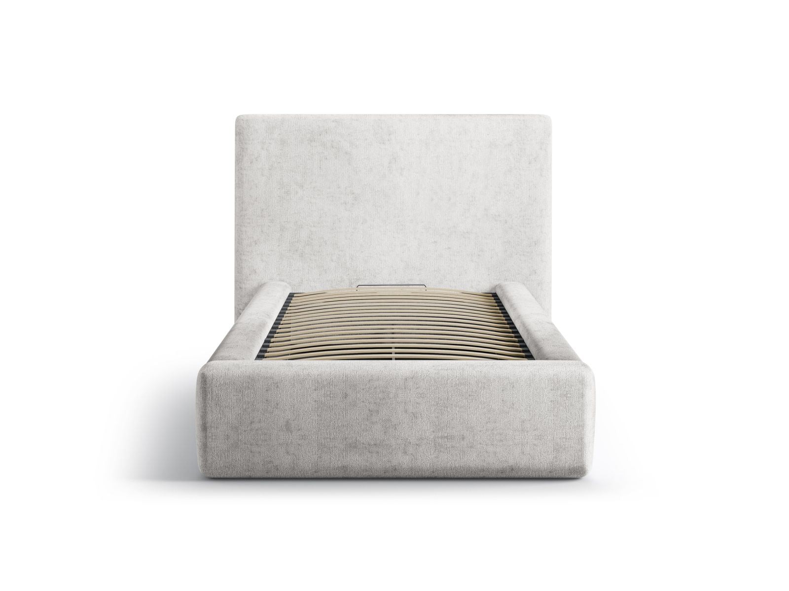 Stylisches Amy Bett mit praktischem Stauraum und elegantem Kopfteil in sanftem Light Grey, ideal für moderne Schlafzimmer.